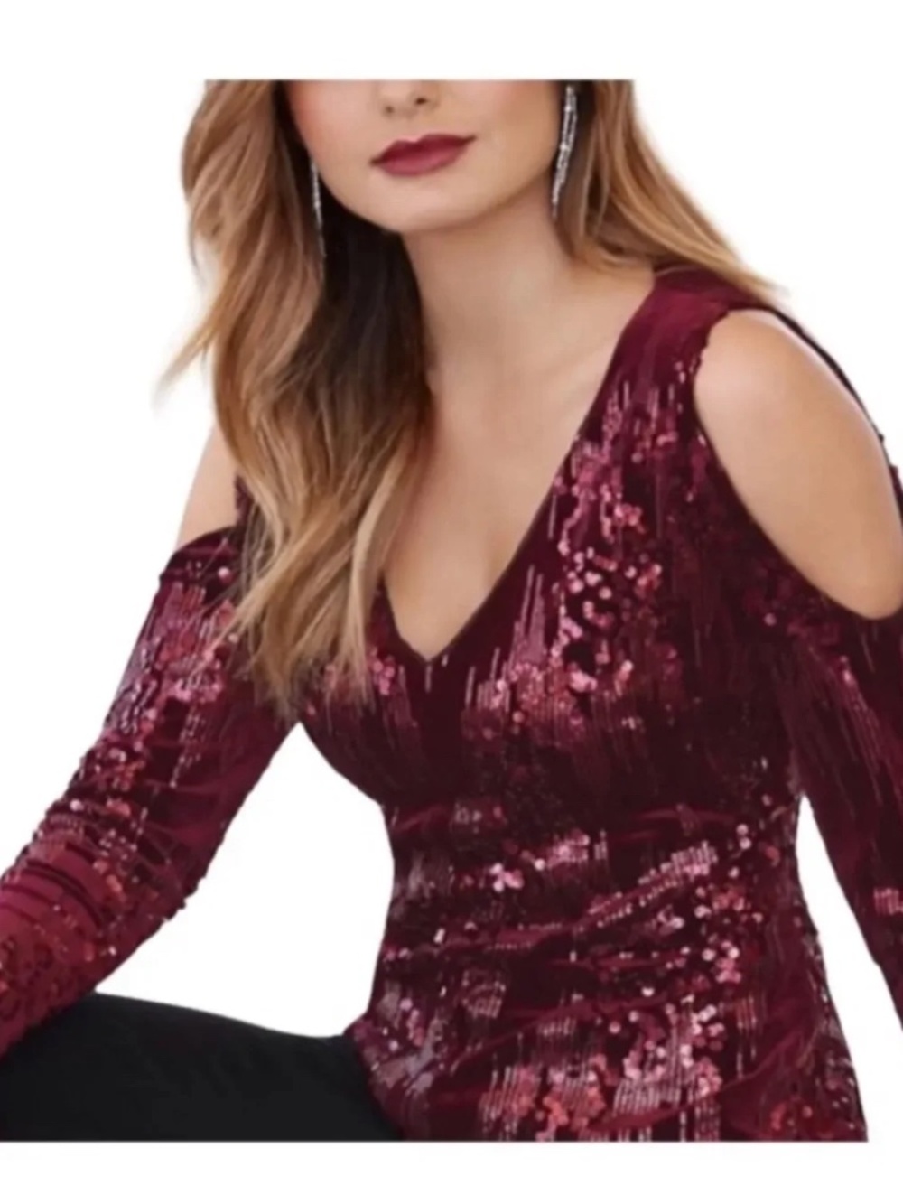 Alexia Admor Red Burgundy Sequins Off Shoulder Top V-Neck Small